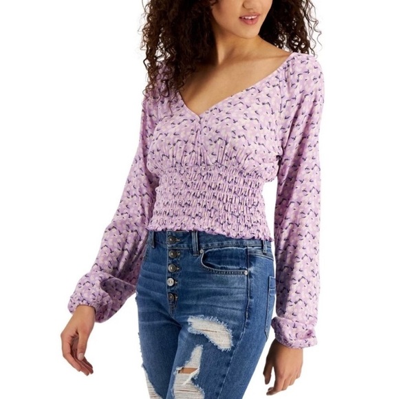 SELF ESTEEM Juniors' Floral-Print Surplice Smocked-Hem Top shirt Orchid Bloom L - Picture 2 of 8
